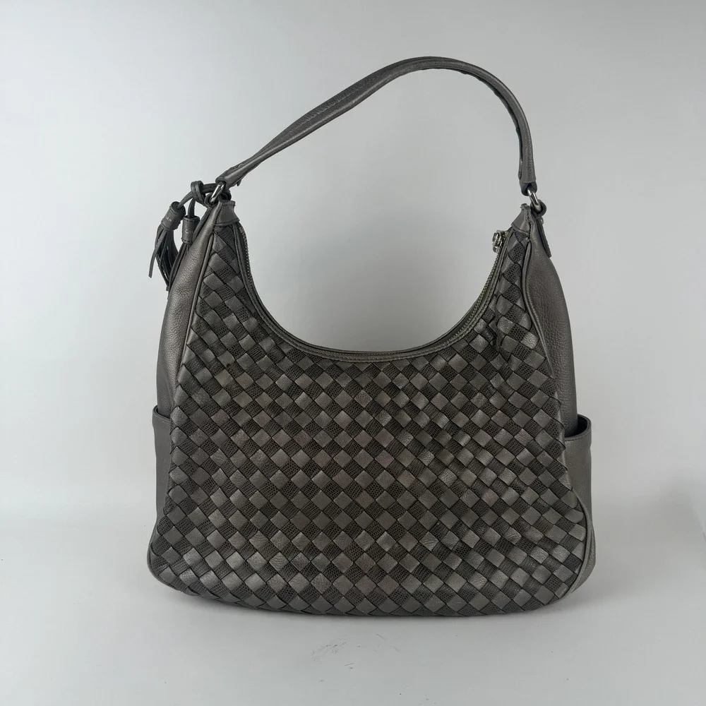 Cole Haan Hobo Bag Womens Gray Leather‎ Nora Weave Shoulder Purse Tassel B43416